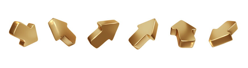 Gold vector realistic arrows. Shiny 3d click cursor icon isolated. Metal luxury arrows pointing different directions. PNG