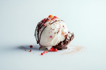 Poster - Delicious scoop of ice cream topped with chocolate sauce and colorful sprinkles in a minimalist setting