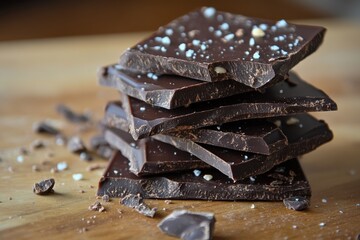 Poster - Dark chocolate bars stacked on a wooden surface with a sprinkle of sea salt shining in natural light