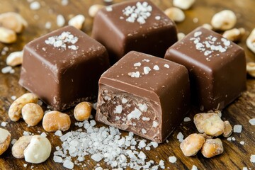 Aufkleber - Gourmet chocolate truffles with sea salt atop a wooden surface with roasted nuts