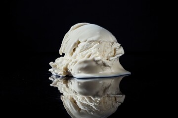 Aufkleber - Creamy vanilla ice cream melting on a reflective black surface in a minimalist setting