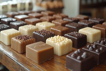 Aufkleber - Assorted handmade chocolates displayed on a wooden table at a local confectionery shop in the afternoon light