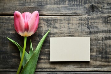 Aufkleber - Pink tulip flower beside blank card on rustic wooden table in natural light