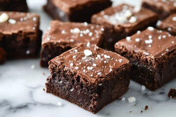 Poster - Decadent chocolate brownies topped with a sprinkle of sea salt taste delicious and look appetizing on a marble surface