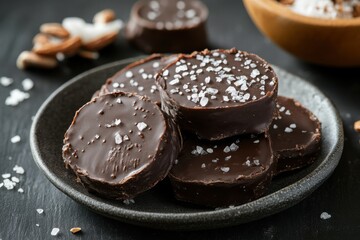 Aufkleber - Decadent chocolate treats topped with sea salt, elegantly arranged on a black plate and ready to delight taste buds