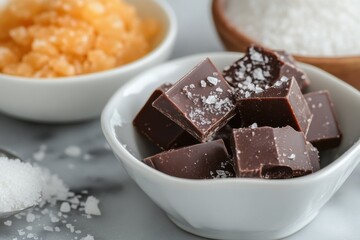 Aufkleber - Melted chocolate chunks and various sugars displayed on a kitchen counter preparing for dessert creation