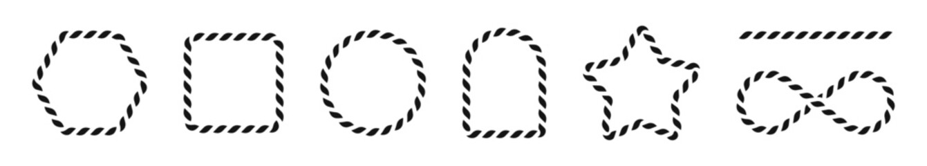 Rope symbol set. Rrope shapes. Shapes made of rope.  Rope borders