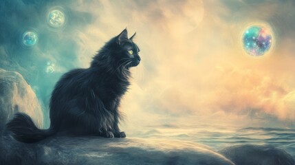 mystical black cat gazes at cosmic horizon, surrounded by ethereal orbs. perfect for fantasy and ani