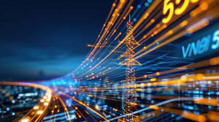 Aufkleber - digital transmission tower stands amidst network of glowing lines, symbolizing advanced 5G technology and connectivity. vibrant colors and dynamic lines convey speed and innovation
