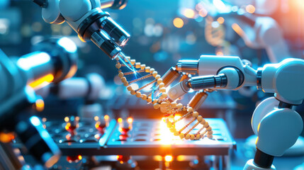 Aufkleber - Robotic arms delicately analyze DNA strand in futuristic laboratory setting, showcasing advanced healthcare innovation and technology. scene is illuminated with warm glow