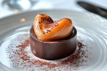 Poster - Delicious chocolate dessert with caramel topping served at an elegant restaurant during dinner time