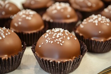 Aufkleber - Delicious chocolate truffles with sea salt on display at a sweet shop in the early afternoon