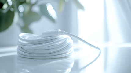 Wall Mural - Coiled white cable with connector, neatly arranged on a shiny surface, against a bright backdrop.