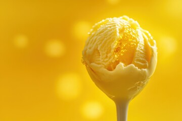 Poster - Bright yellow ice cream sphere with delightful texture against a sunny background at a dessert shop