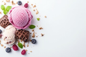 Poster - Delicious assortment of ice cream scoops with berries and mint leaves on a white background