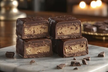 Aufkleber - Indulgent chocolate treats displayed on marble surface with warm background setting and cozy atmosphere during evening