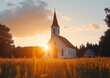 © piring - Rural church sunset golden field