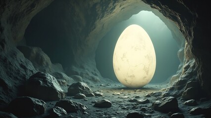 Aufkleber - Mysterious Large Egg Surrounded by Dim Light in Dark Cave Setting with Rocks and Shadows Enhancing the Enigmatic Atmosphere