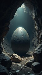 Aufkleber - Mysterious Large Egg Surrounded by Dim Light in Dark Cave Setting with Rocks and Shadows Enhancing the Enigmatic Atmosphere