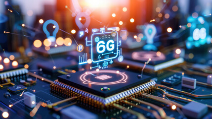 Poster - futuristic circuit board features glowing 6G connectivity icons, symbolizing advanced technology and innovation. scene is vibrant with holographic interfaces and digital elements