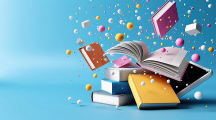 Poster - stack of colorful books with pages flying open is surrounded by floating spheres and cubes against blue background, creating dynamic and imaginative scene