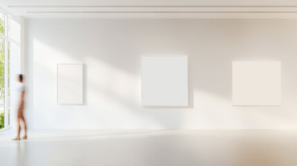 Poster - minimalist art gallery with three blank canvases displayed white wall, featuring blurred figure walking past, creating serene and modern