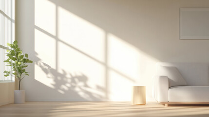 Aufkleber - Minimalist living room with sunlight streaming through large windows, casting shadows wall. white sofa, potted plant, and wooden stool add serene