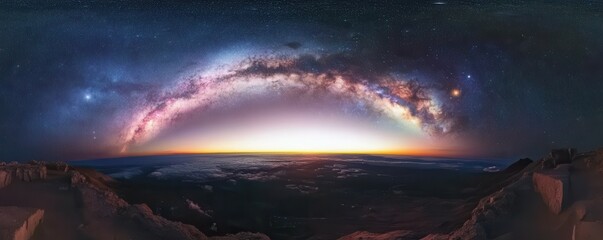 Wall Mural - A stunning panoramic view of Earth from space, showcasing the sunrise over the horizon with the Milky Way galaxy in the background.