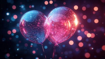 Wall Mural - cyber transparent birthday balloons floating made of technology fiber, dark blue and magenta shades 