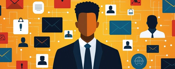 Wall Mural - protect prevention policy concept. businessman with abstract digital communication icons in backgrou
