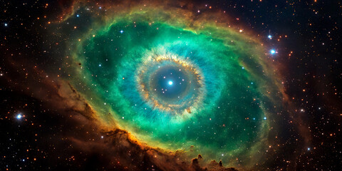 Wall Mural - a vast nebula with concentric rings of turquoise and green, resembling a massive cosmic eye. at the 