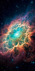 Wall Mural - an emerald burst in space surrounded by waves of glowing fire-like filaments.