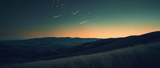 Wall Mural - Shooting stars blaze across a twilight sky above rolling hills, offering a tranquil yet mesmerizing celestial panorama that invites reflection.