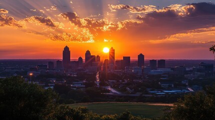 Wall Mural - West Des Moines Sunset: Stunning Sky and Sun over City Landscape