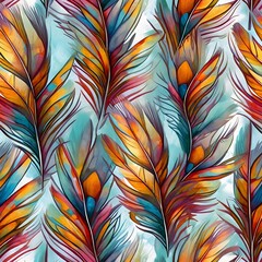 Wall Mural - a vibrant abstract pattern of stylized feathers in warm hues against a soft light blue background