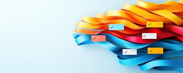 Wall Mural - successful project management timeline concept. colorful ribbons flowing with checkboxes, creating a