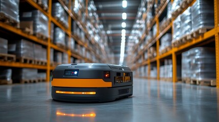 Fototapete - A robotic unit moves efficiently through the aisles of a logistics warehouse. Surrounding shelves are filled with neatly stacked inventory, showcasing a well organized storage environment.
