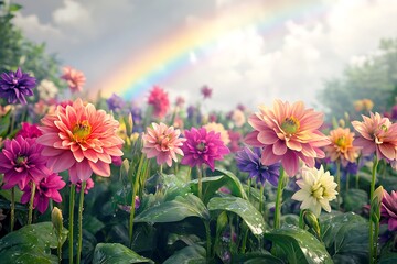 a delightful flower patch bursting with color after rain, where a striking rainbow enhances the vita