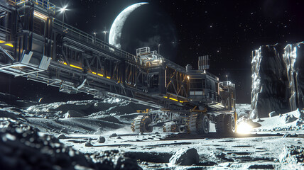 Poster - This Automated machinery excavates regolith from an asteroid's surface under lunar lighting conditions.