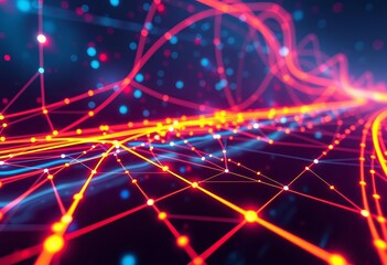 Abstract network nodes and glowing lines forming digital highway, transmission, binary