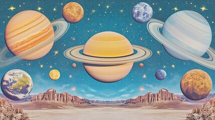 Wall Mural - A painting of the planets in the solar system with a blue sky background