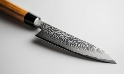 A sharp, shiny Japanese chef knife with a distinctive Damascus steel blade and wooden handle is displayed.