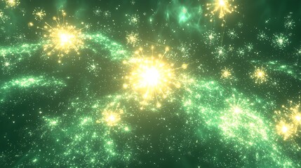 Wall Mural - A green and yellow starry sky with a bright yellow star in the middle