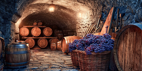 Fototapete - Wine cellar with oak barrels and grape baskets