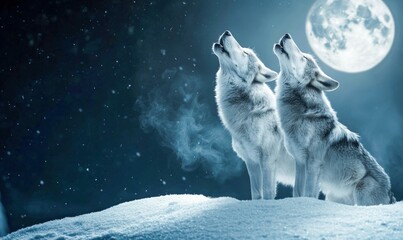 Wall Mural - two majestic white wolves howl at the moon on a cold winter night in a breathtaking scene.