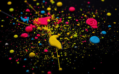 Poster - Colorful paint splatters and dots create an abstract design on a dark surface. Vibrant hues of yellow, pink, blue, and red add a dynamic touch.