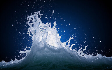 Fototapete - A powerful wave crashes, creating dynamic motion and a dramatic splash against a deep blue backdrop. Water surges upwards, showcasing the raw energy of nature.