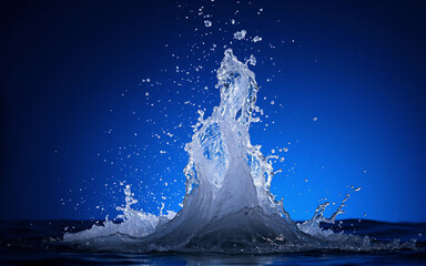 Poster - A powerful burst of clear water erupts upwards, creating a dynamic splash against a contrasting deep blue backdrop. The liquid motion conveys energy and freshness in this vibrant image.