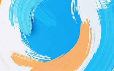 Poster - Abstract painting with dynamic brushstrokes in shades of blue, white, and orange against a vibrant blue backdrop. Artistic and visually appealing with a modern aesthetic.