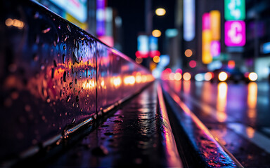Poster - Rainy city night scene with blurred colorful lights reflecting on wet ground. Street lights and building lights create a vibrant urban atmosphere at dusk.